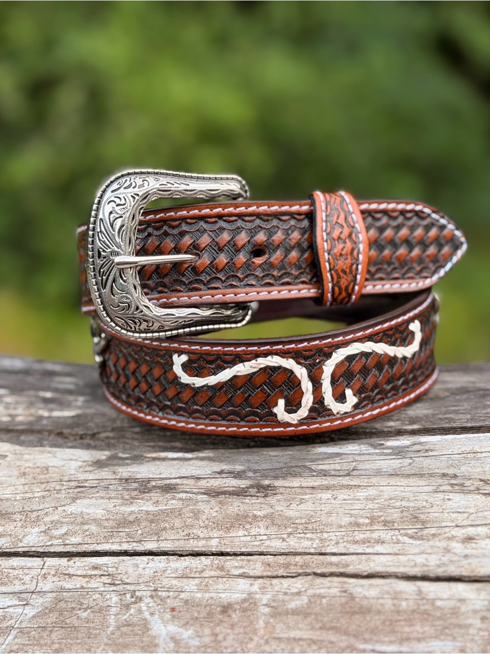 Men's Brown Woven Leather Western Belt with Silver Buckle
